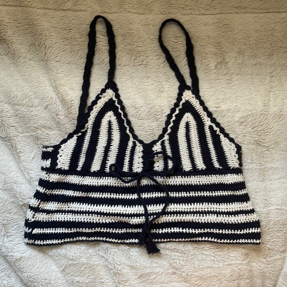 White and navy blue summer top good for wearing over bathing suits